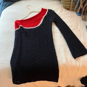 Gimaguas Wool Mini Dress - Navy, White, Red - One Sleeve / Long Sleeve